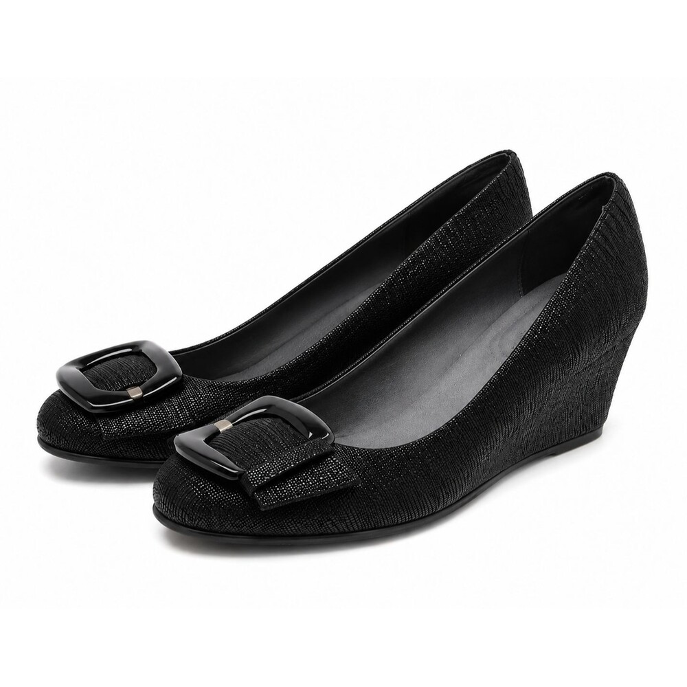 Stuart Weitzman Bucalina Wedge Heel Pumps Size 9 W Black Textured Leather Buckle